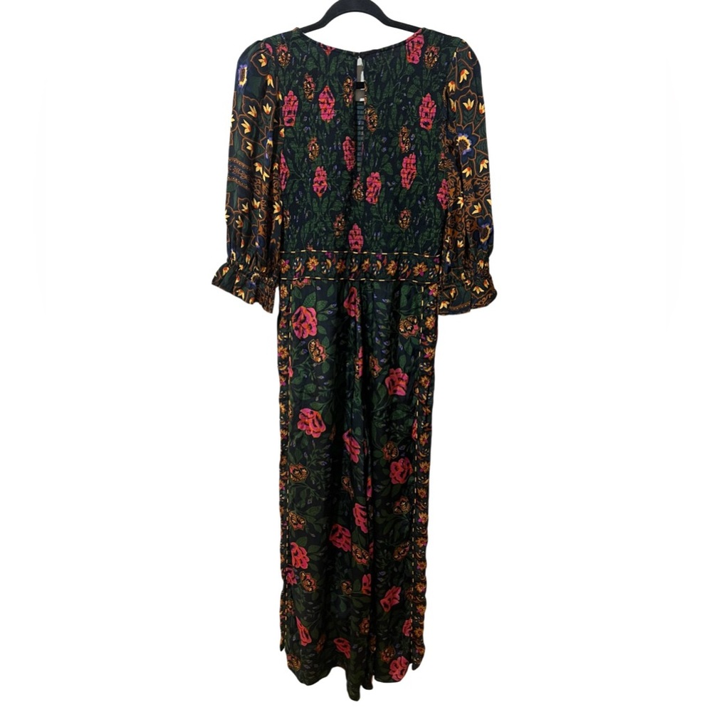 Farm Rio Jumpsuit Smoked Wide Leg 3/4 Sleeve Vibrant Florals Holidays SZ L EUC - Picture 9 of 11